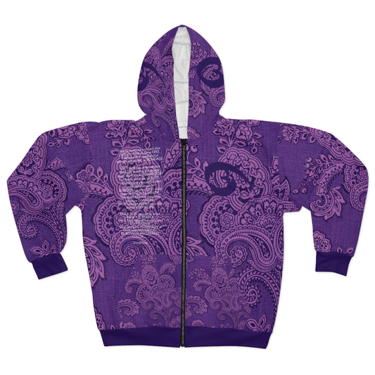 04 - RYSE9 Paisley "Purple w/ Song Lyrics" Unisex Zip Hoodie (Purple Paisley Print)