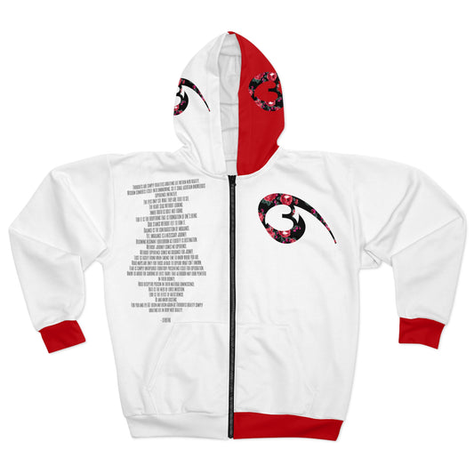 04 - RYSE9 Mixed White/Red w/ Motivational PeomUnisex Zip Hoodie (Mixed White/Red/Red Rose Logo)