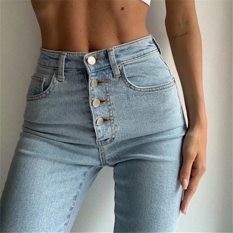 Women's Pants - Single-breasted Women's High Waist Denim Pencil Pants