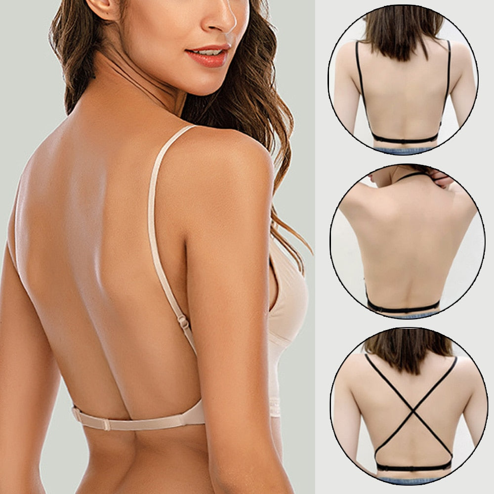 Women's Sexy Backless Bra Lace Deep U Low Back Bralette Thin Cup Brassiere Halter Soft Seamless Elastic Underwear Tank Tops Encaje Mujer