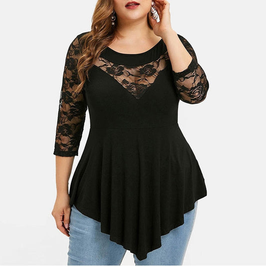 Women's Plus Size Floral Lace Hollow Out Sexy Tunic Shirt