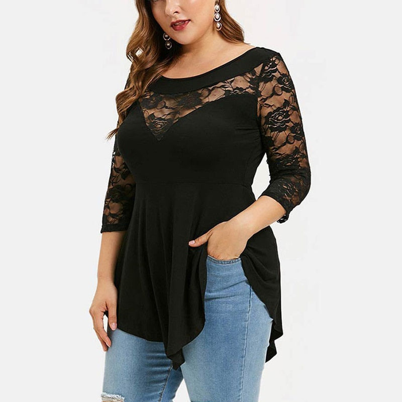 Women's Plus Size Floral Lace Hollow Out Sexy Tunic Shirt