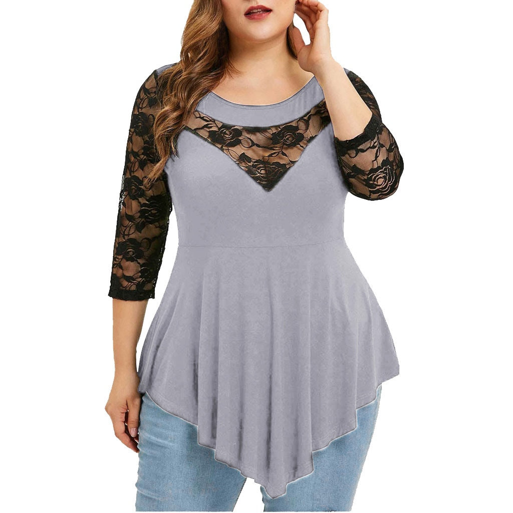 Women's Plus Size Floral Lace Hollow Out Sexy Tunic Shirt