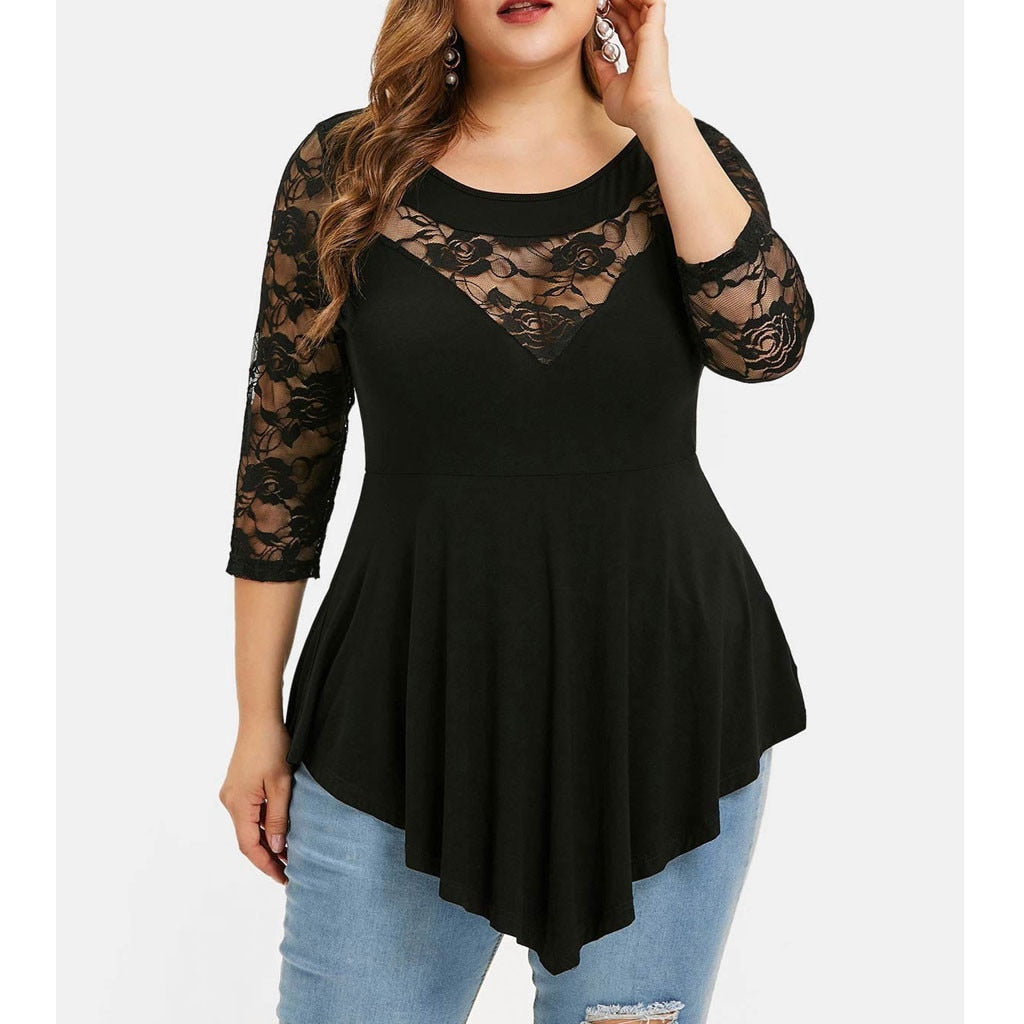 Women's Plus Size Floral Lace Hollow Out Sexy Tunic Shirt