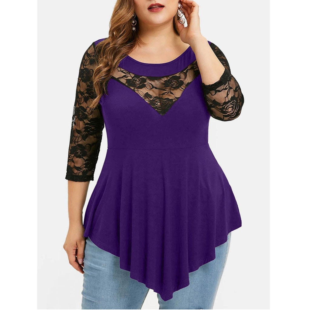 Women's Plus Size Floral Lace Hollow Out Sexy Tunic Shirt