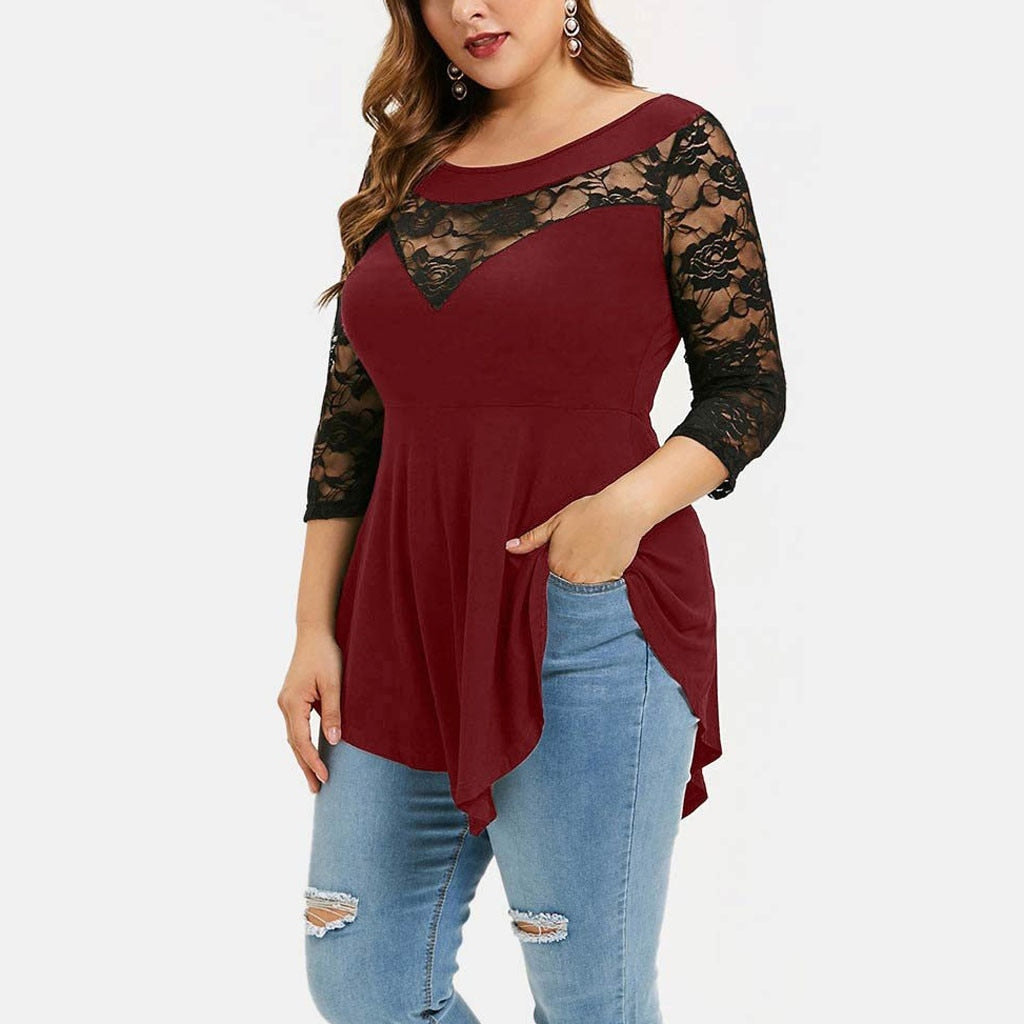 Women's Plus Size Floral Lace Hollow Out Sexy Tunic Shirt