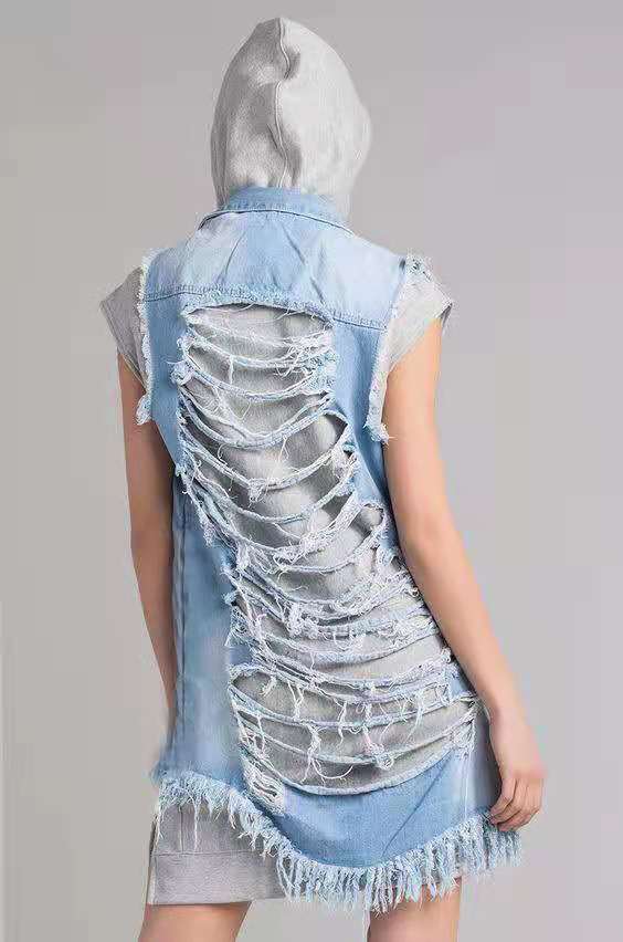 Women's Sleeveless Ripped Blue Jean Jacket-Coat (plus size)