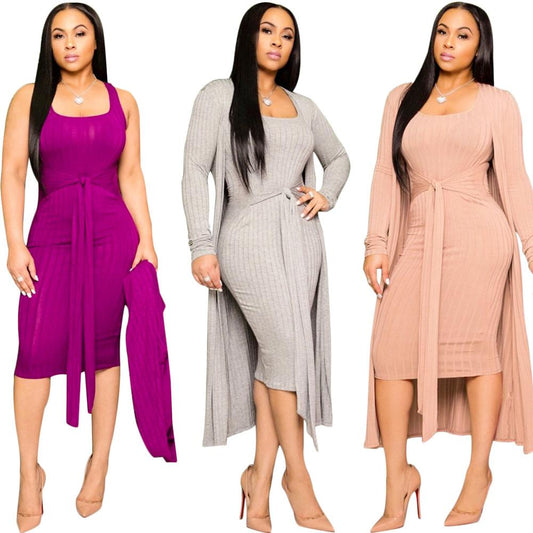 Women's Echoine Knitted Sweater Bodycon Sleeveless Long Cardigans Ribbed Dress & Coat 2 Piece Set