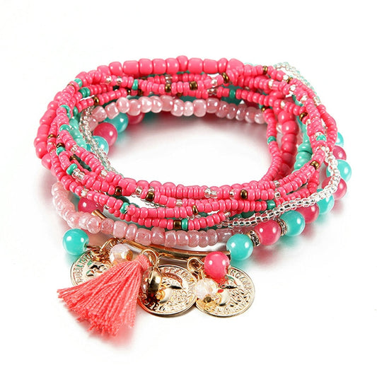 Accessories - Bohemian Multilayer Bangles With Tassel + Gold Coin Charm