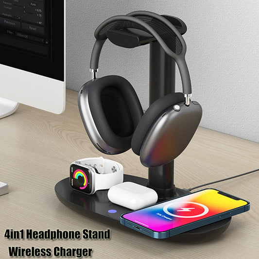 Accessories - 4in1 Headphones Stand for Airpods Max Detachable Headset Holder Hanger Wireless Charger for IOS Phone Watch Bluetooth Headset