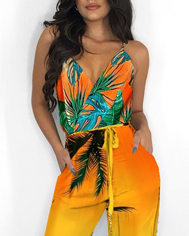 Women's Sleeveless V-Neck Floral Ladies Jumpsuits