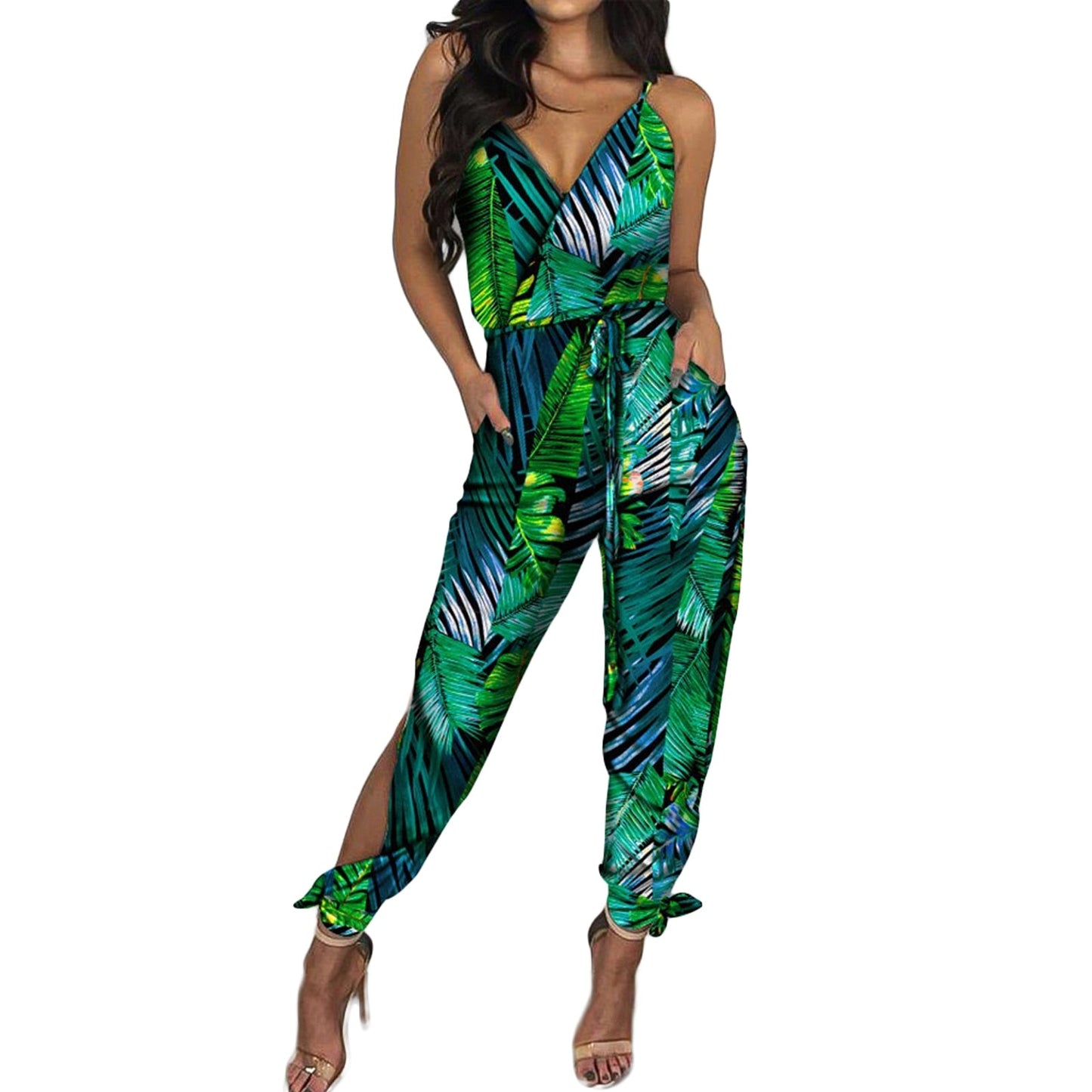 Women's Sleeveless V-Neck Floral Ladies Jumpsuits