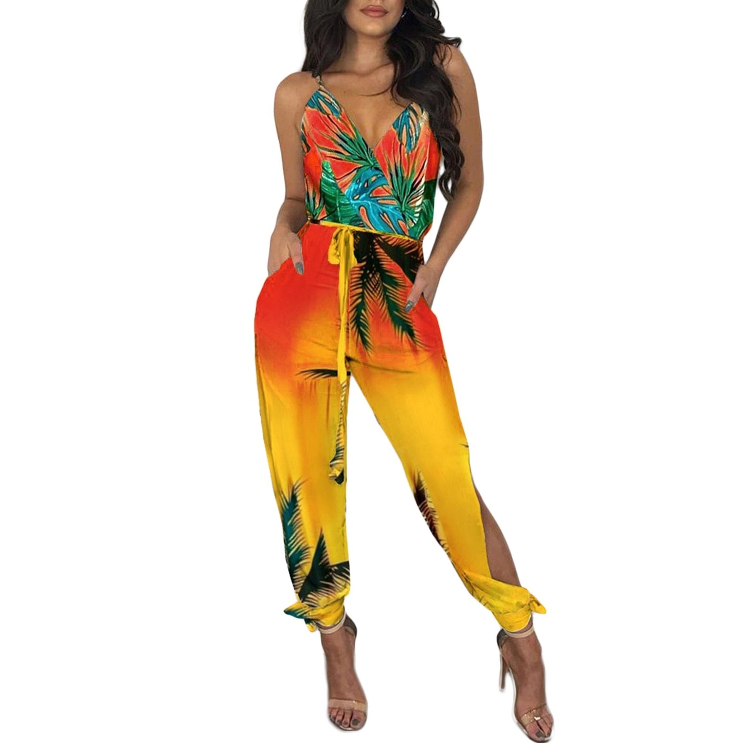 Women's Sleeveless V-Neck Floral Ladies Jumpsuits