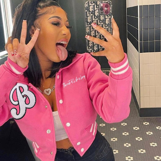 Women's Varsity Cropped Baseball Jacket Embroidery Letter