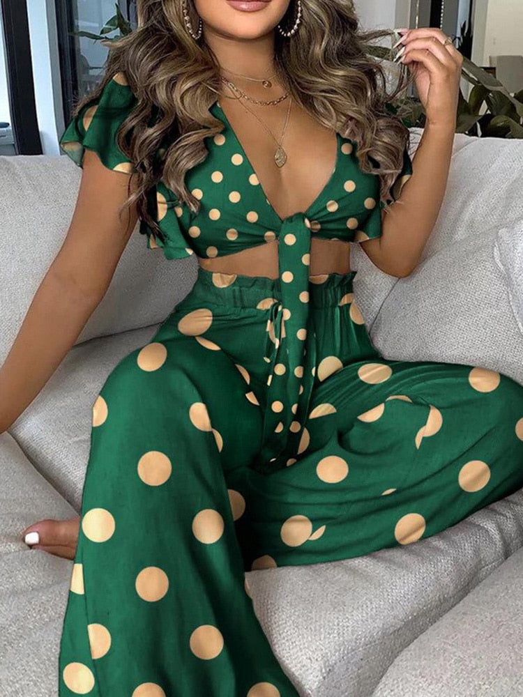 Women's Geometric Colorblock Print Lace Up Elegant Fashion Two Piece Set Women Buttfly Sleeve V Neck Navel High Waist 2 Piece Set Women