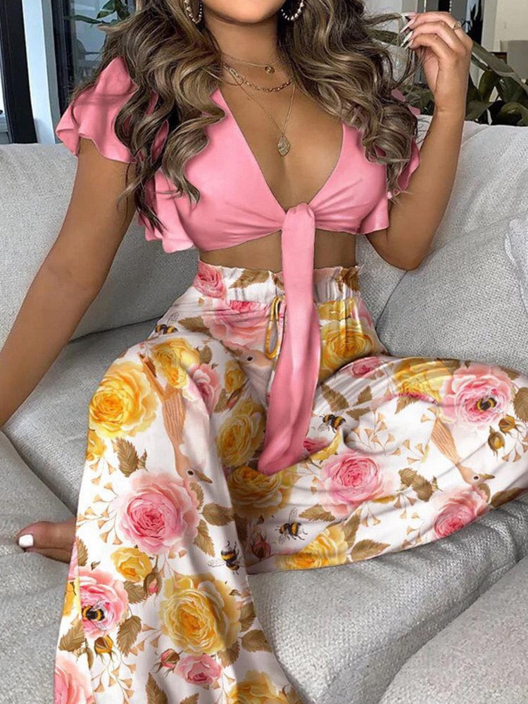 Women's Geometric Colorblock Print Lace Up Elegant Fashion Two Piece Set Women Buttfly Sleeve V Neck Navel High Waist 2 Piece Set Women