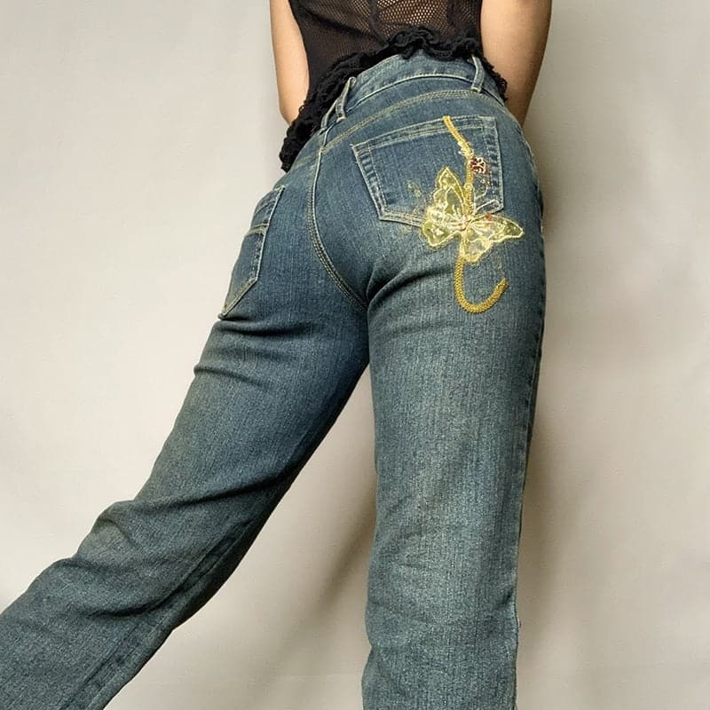 Women's Vintage 90's Butterfly Printed Denim Jeans