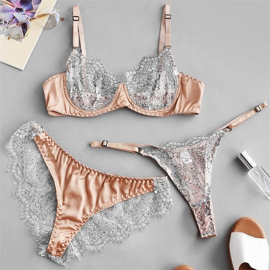 Women's Brown Mesh Underwire Bra Three-Piece Panties Lingerie Set